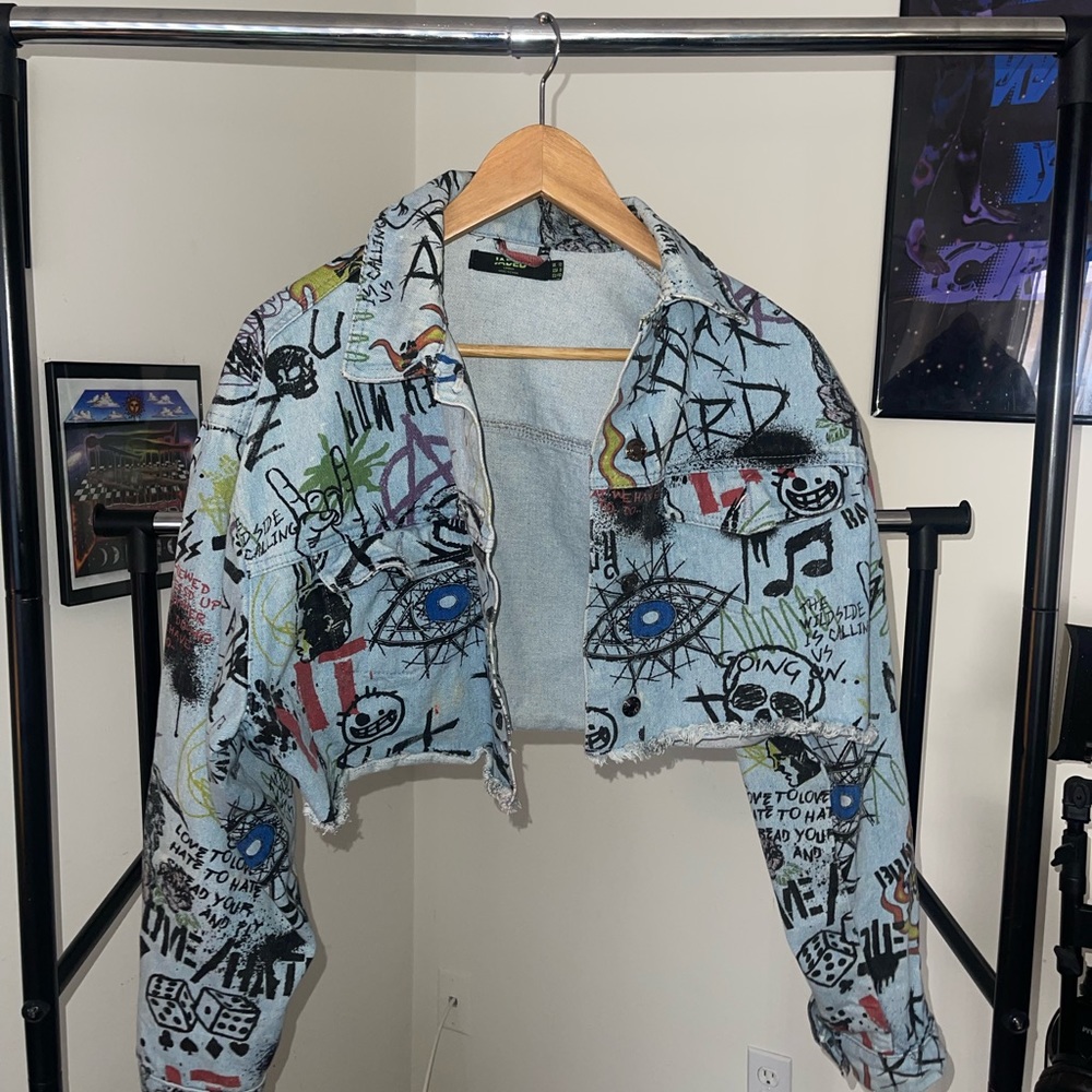 denim graffiti cropped jacket #jeanjacket